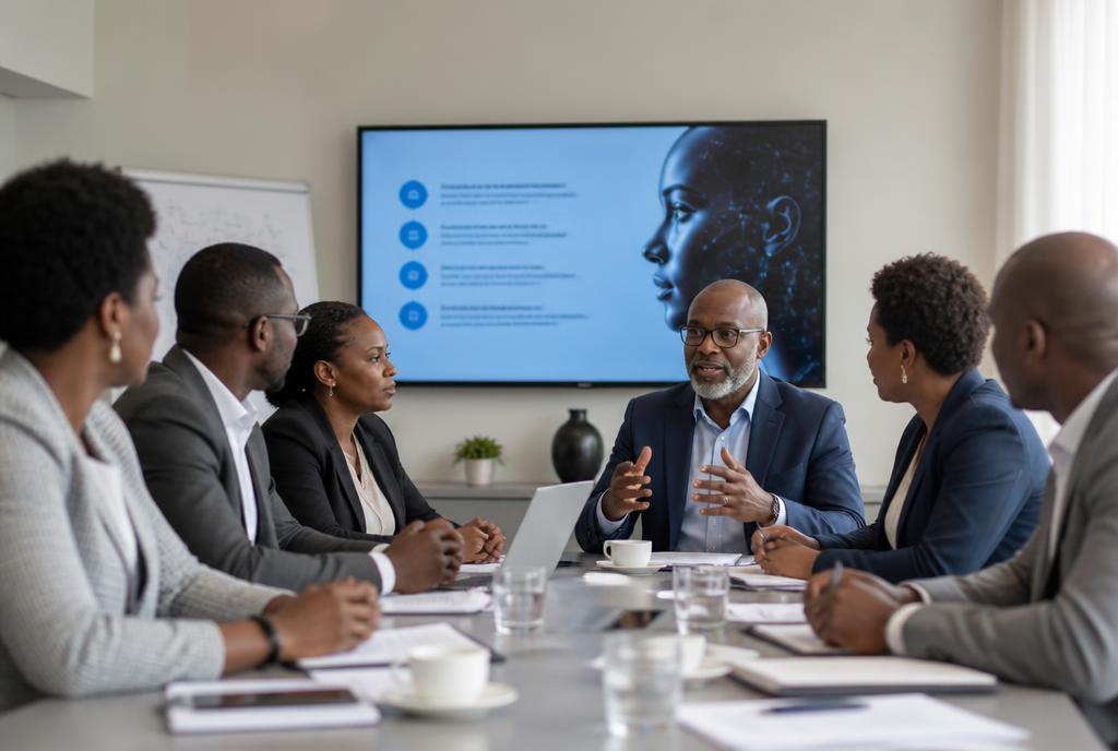 Institutional leaders discussing AI governance and policy around a boardroom table