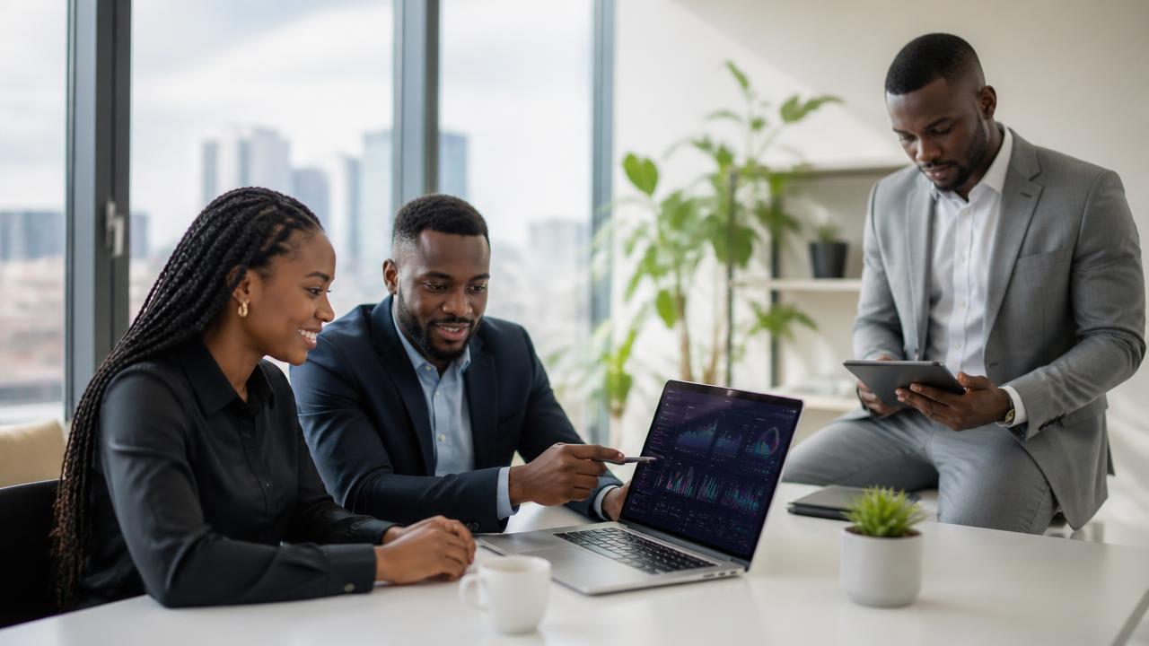 Black African professionals collaborating around a laptop showing analytics dashboards