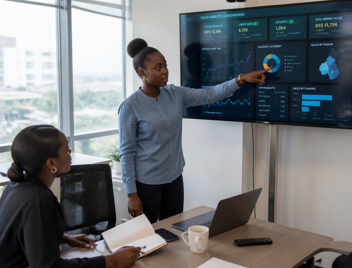 A data analyst presenting a dashboard to a colleague