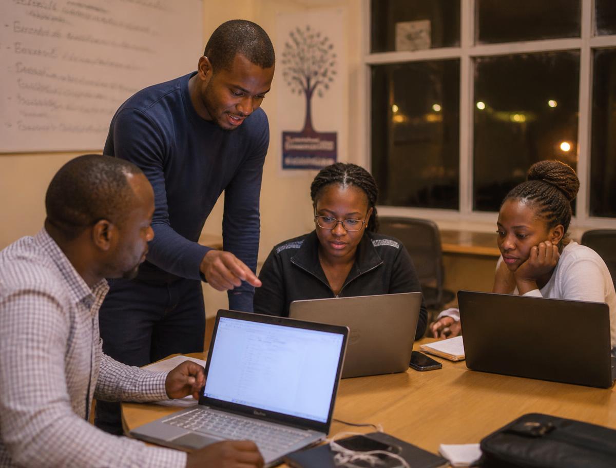 A mentor guiding learners during an evening class